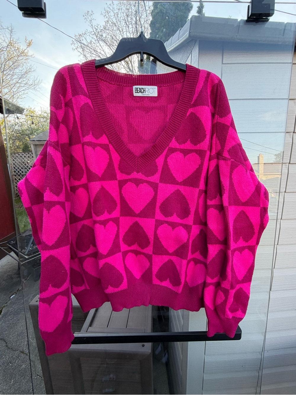 Beachriot Pink Heart-Print V-Neck Sweater